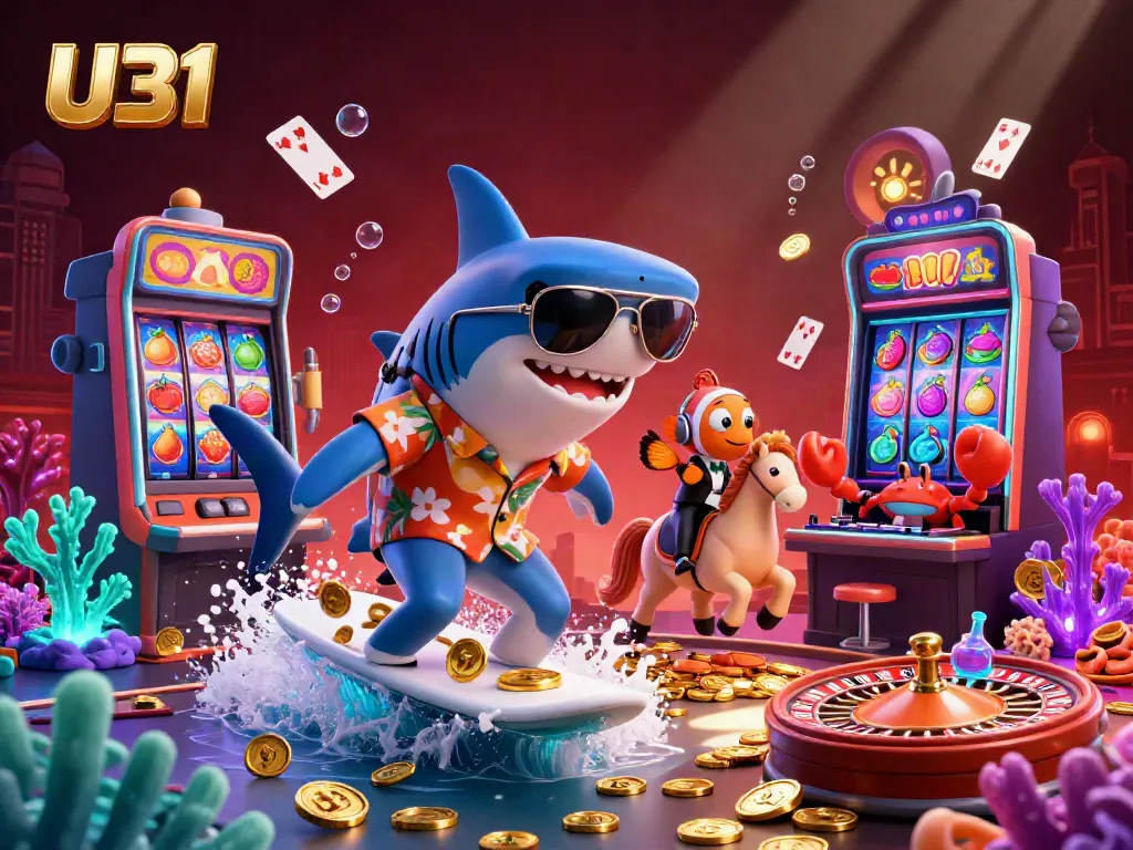Experience the excitement of U31 casino games with 3D shark and colorful themed elements.