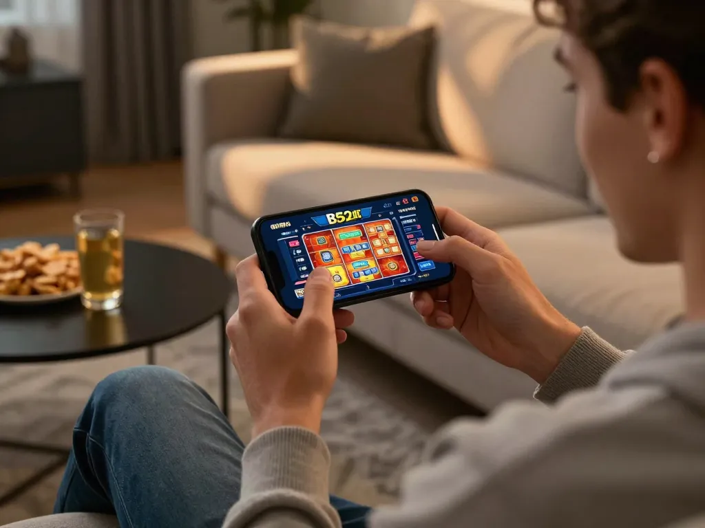 B52CLUB mobile gaming experience on smartphone in a cozy home setting.