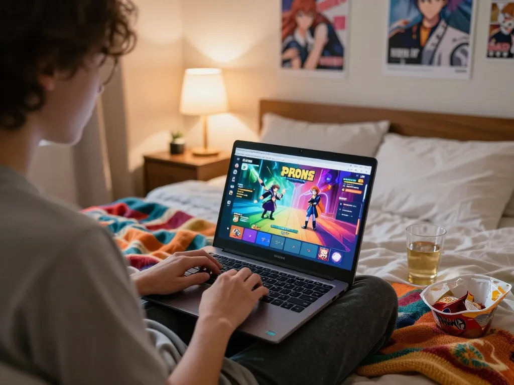 Immersive scene of a person enjoying porngames on a laptop in a cozy bedroom setting with soft lighting and colorful visuals.
