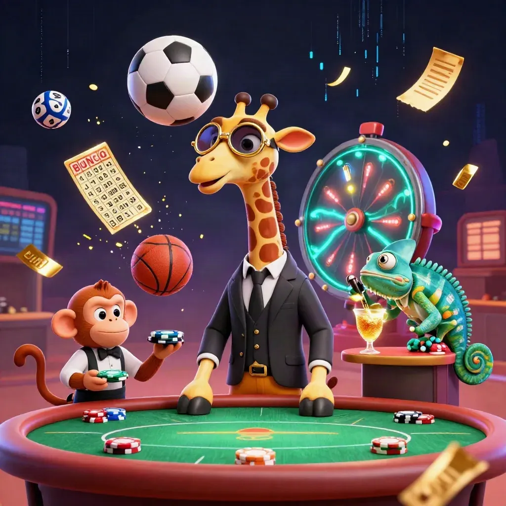 Cartoon giraffe, monkey, and chameleon in casino chaos with a frozen soccer ball