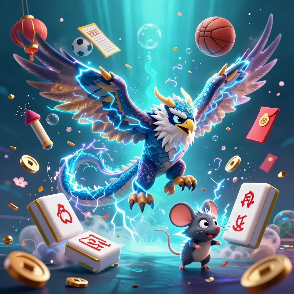 Thunder dragon, glowing hawk, and static mouse amid flying sports balls and casino symbols.