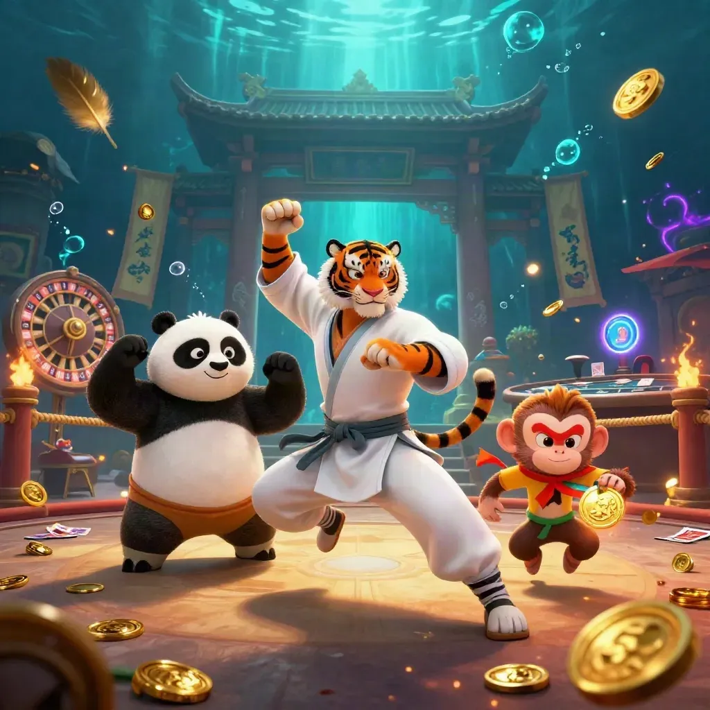 Kung-fu tiger, panda, and monkey in a neon underwater casino temple with spinning roulette and gold.