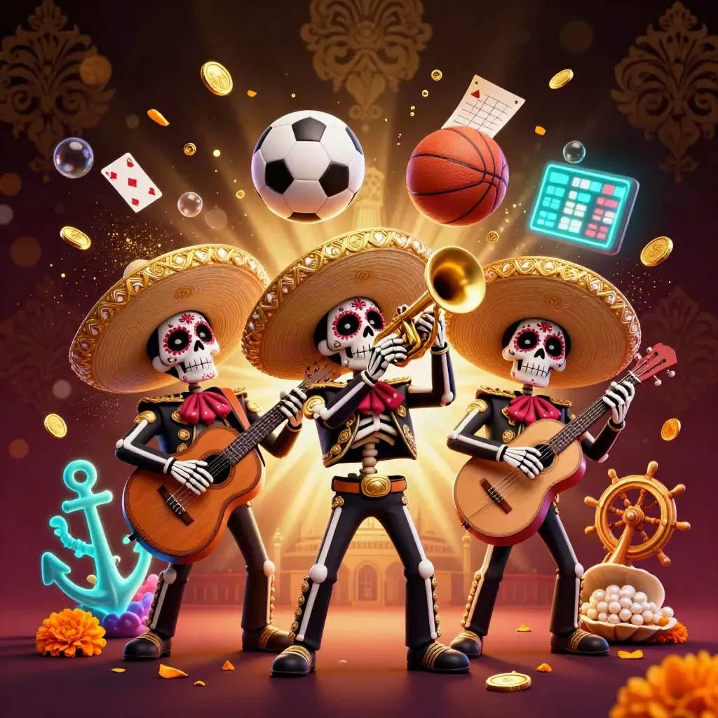 Skeleton mariachi trio with casino glow, flying sports balls and treasure-cove effects
