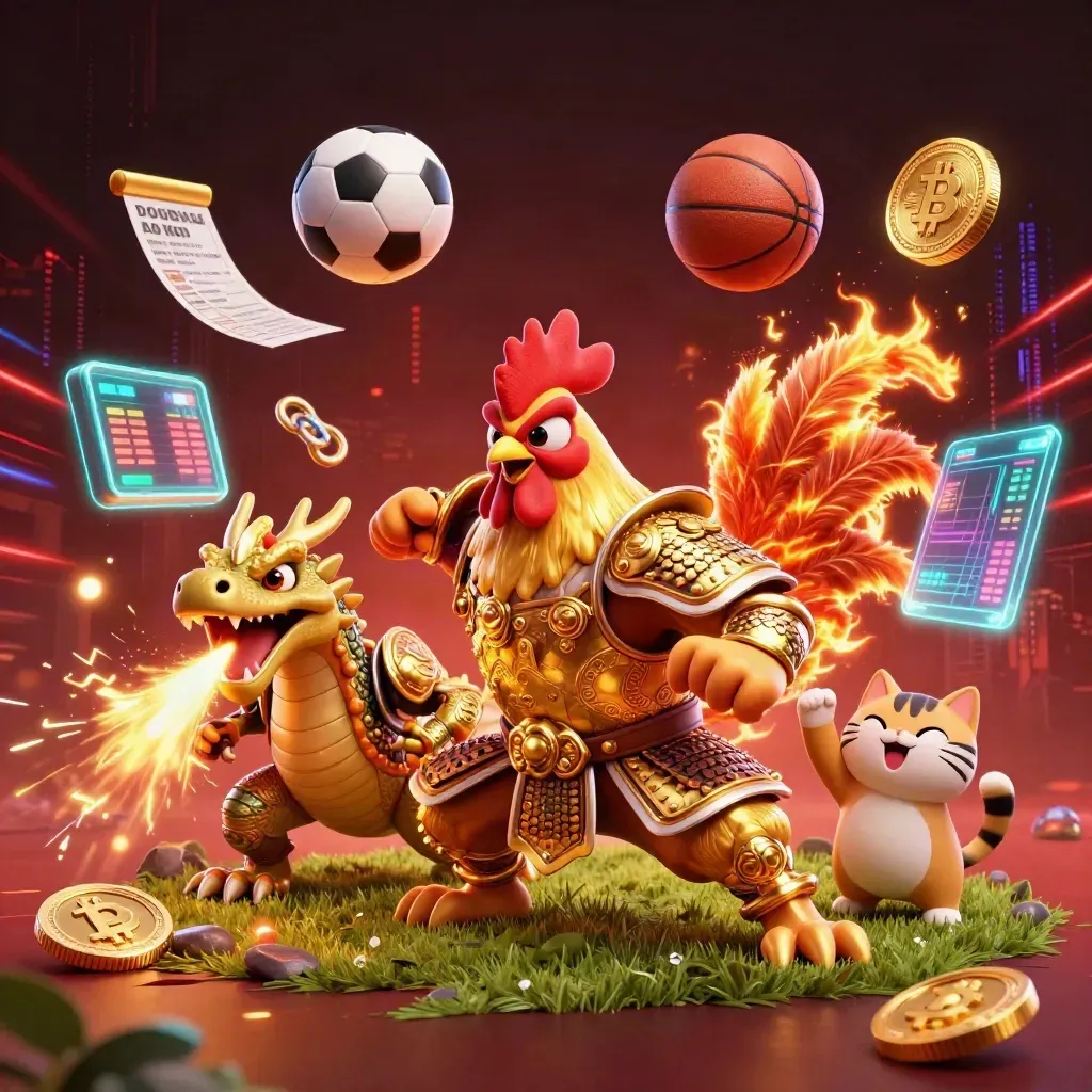 Rooster samurai, dragon hatchling and fortune cat explode amid sports balls and casino neon.