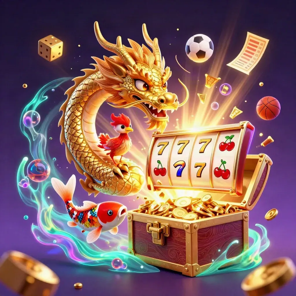 Golden dragon, phoenix, koi, slot machine, and sports balls in a neon casino burst.