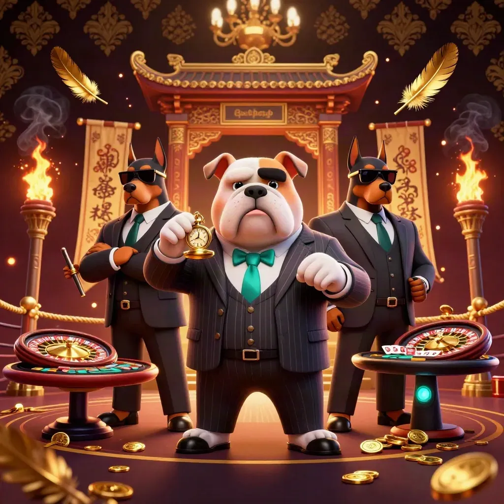 Bulldog boss and Dobermans in a luxe casino blaze of gold, teal, smoke, and torchlight.