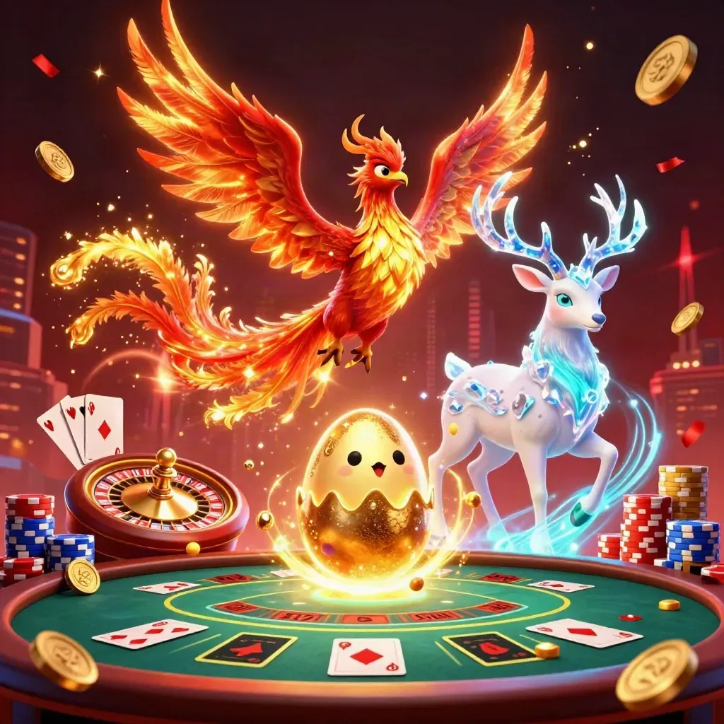Fire phoenix, baby phoenix, and stag amid casino gold, roulette spin, coins, gems, and neon glow.