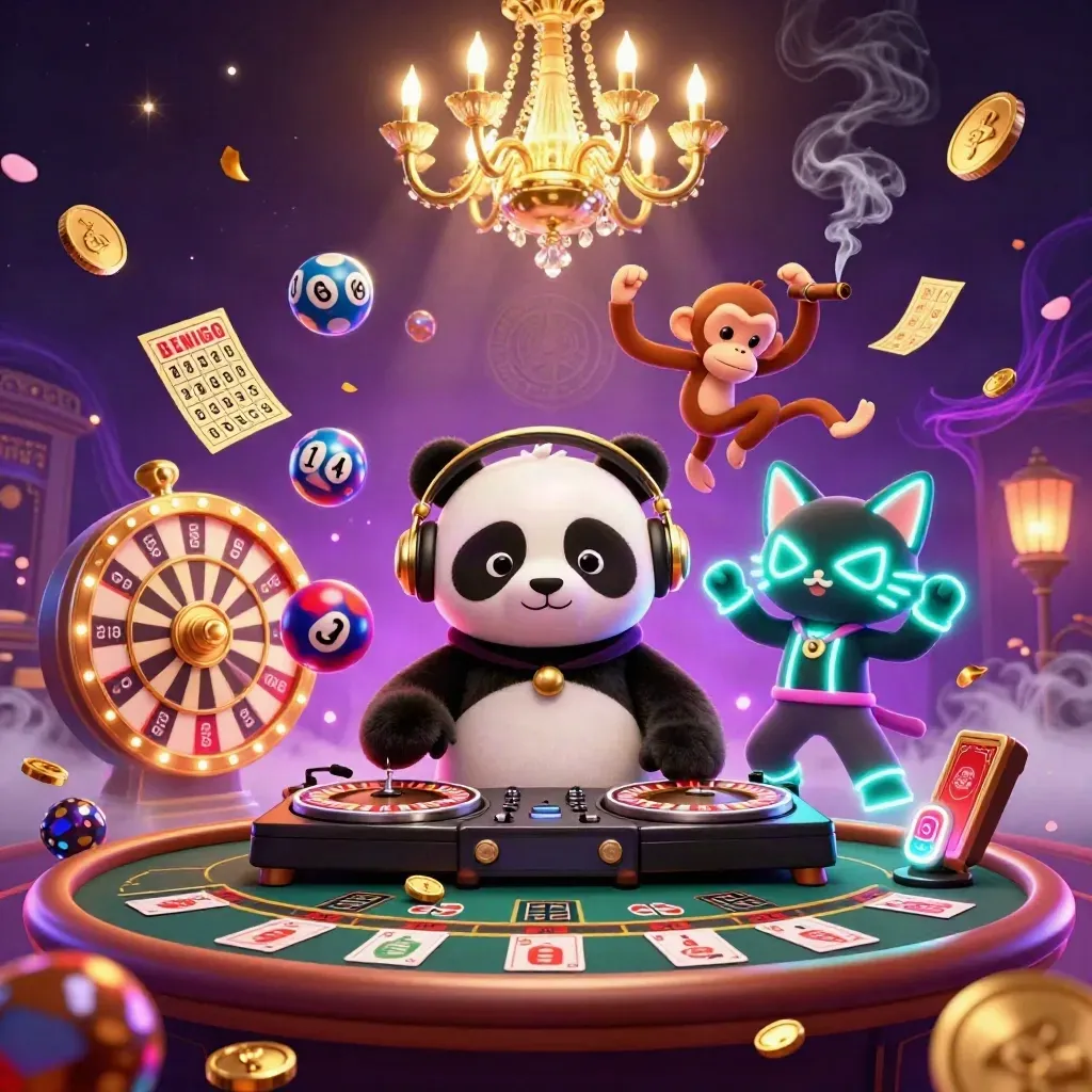 DJ panda, monkey, and glow-kitten in a luxe casino rave with spinning game props