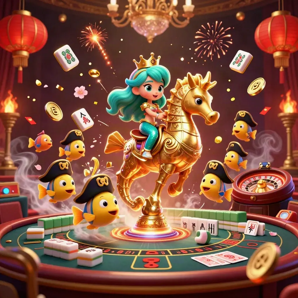 Mermaid princess on armored seahorse with pirate fish amid casino gold, lanterns, coins, and glowing embers.