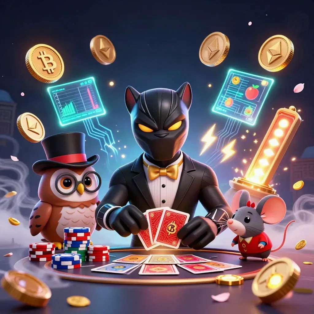 Black panther, owl, and mouse deal cards amid glowing coins, chips, lightning, and casino magic.