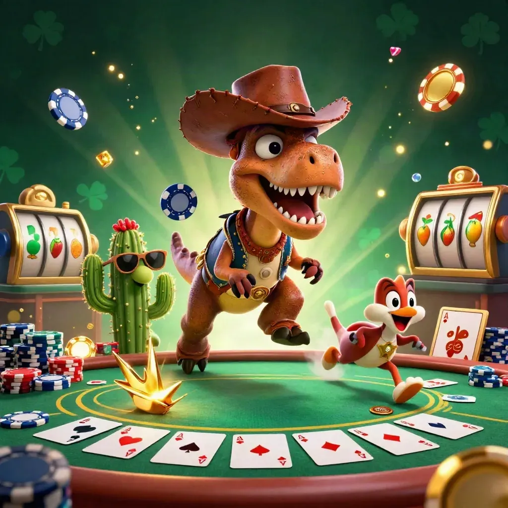 Cowboy T-Rex, cactus sidekick, and roadrunner explode through casino treasure and glowing chips.