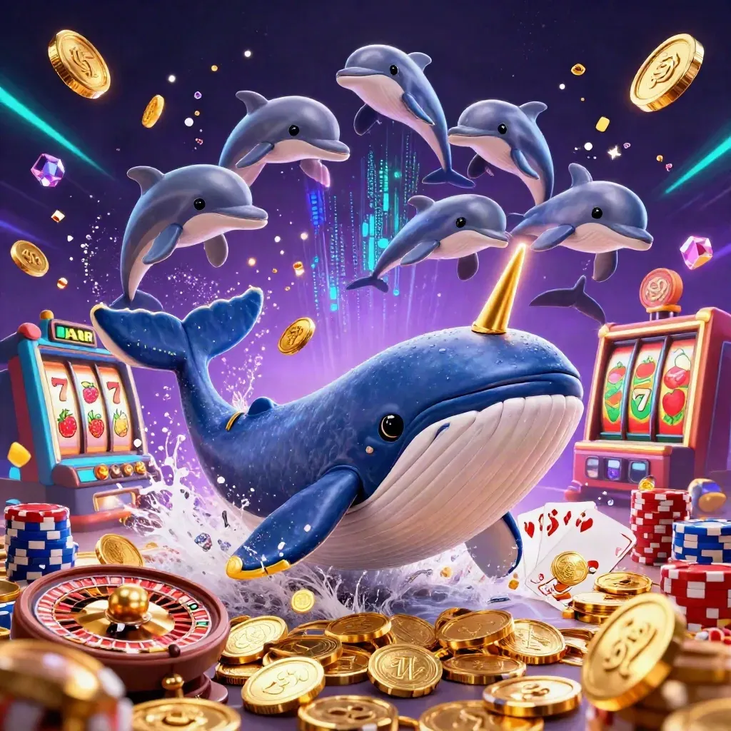 Whale captain, narwhal and dolphins burst from coins with chips, cards and neon casino effects