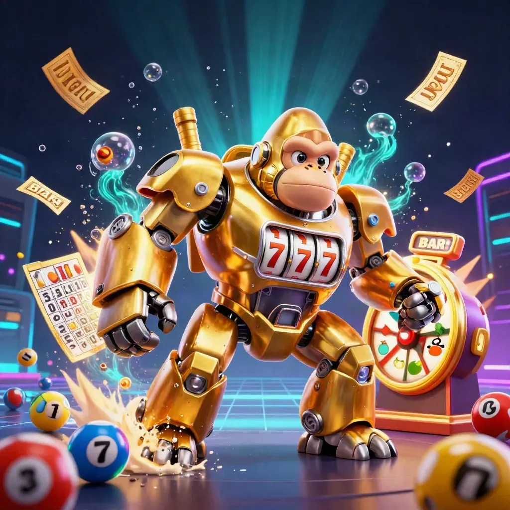 Golden gorilla mech and tiny monkey pilot burst amid neon casino treasures and glowing bubbles.