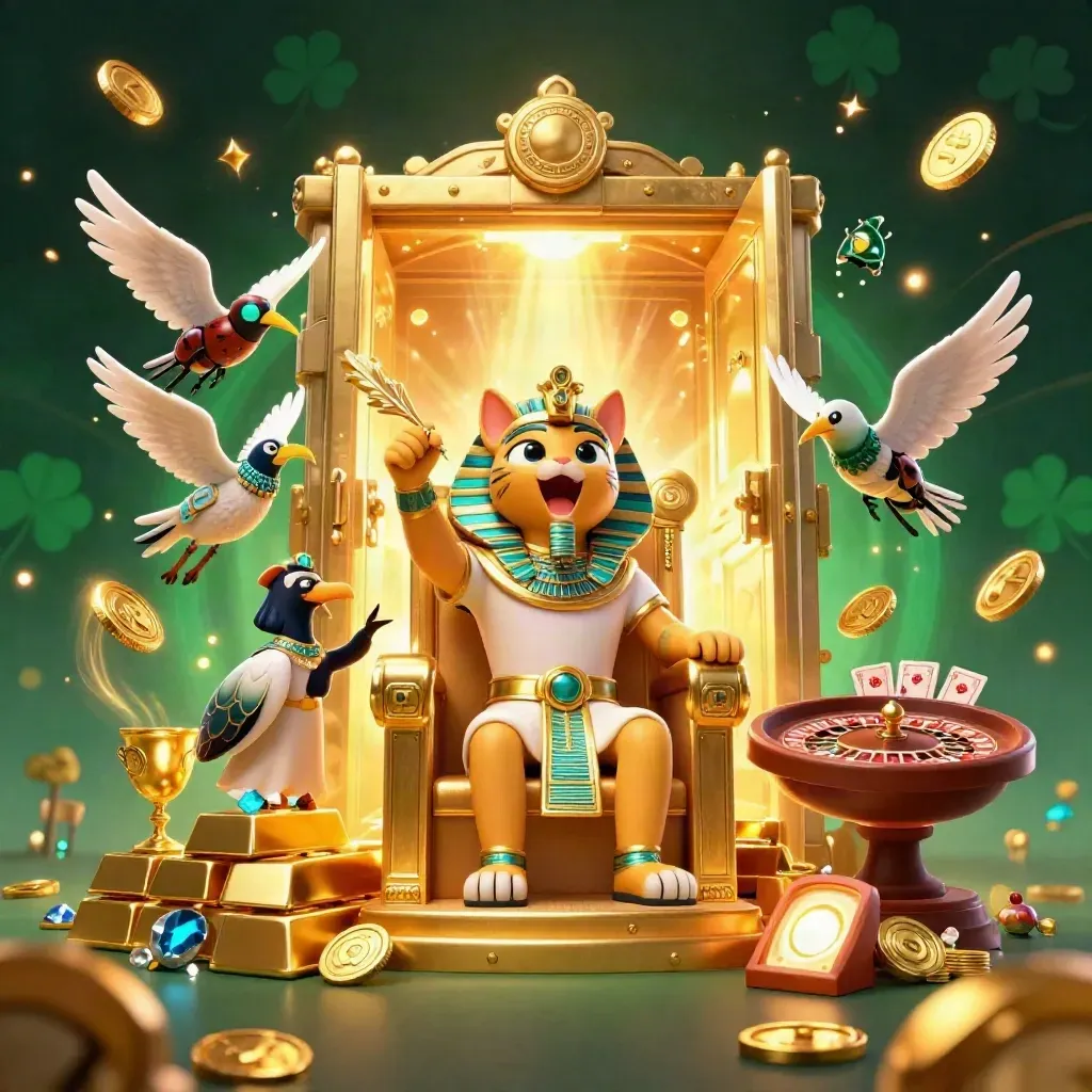 Pharaoh cat, ibis scribe, and gem-wing scarabs burst from a glowing vault with casino riches.