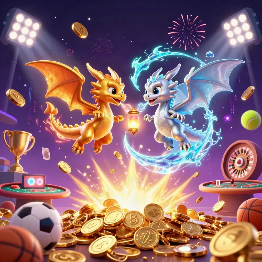 Twin gold and silver dragons spiral through casino magic, coins, fireworks, and sports balls