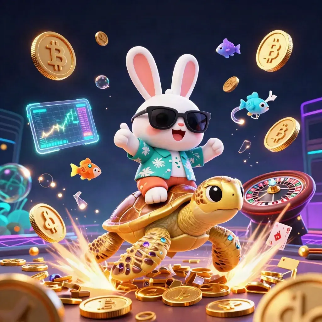 Cartoon rabbit riding a gem turtle amid coins, fireworks, neon crypto effects, and casino tables.