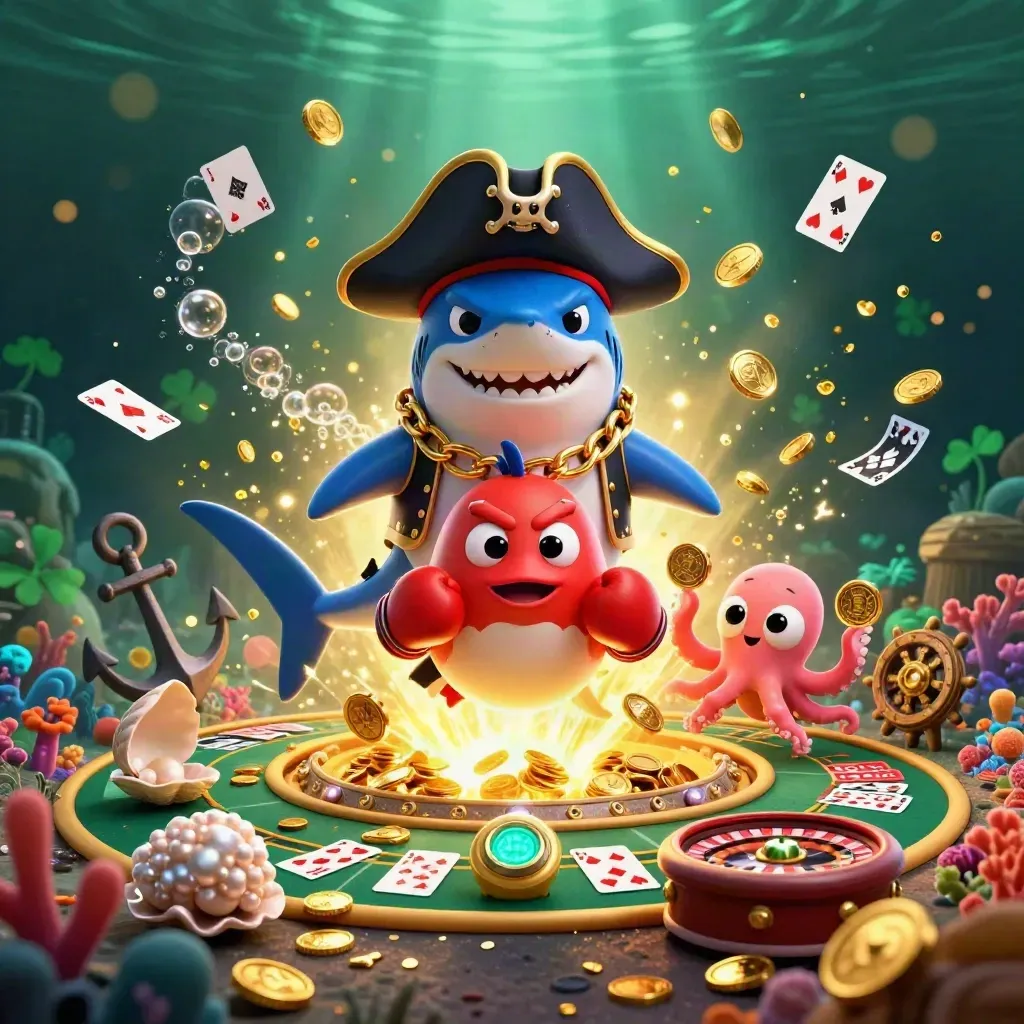 Pirate shark, boxing pufferfish and juggling octopus amid gold coins, coral and casino glow
