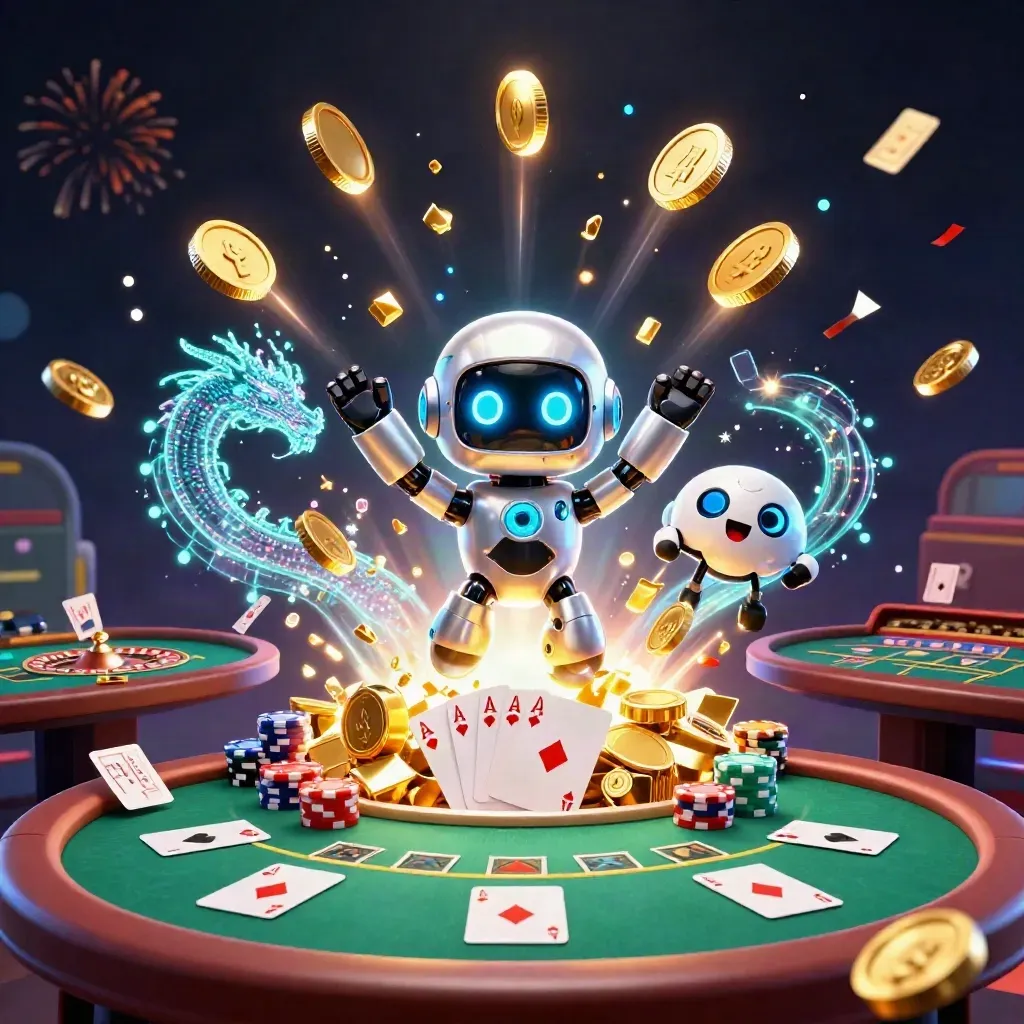 Cyberpunk robot, hologram dragon, and coin drone amid casino treasure, coins, chips, fireworks