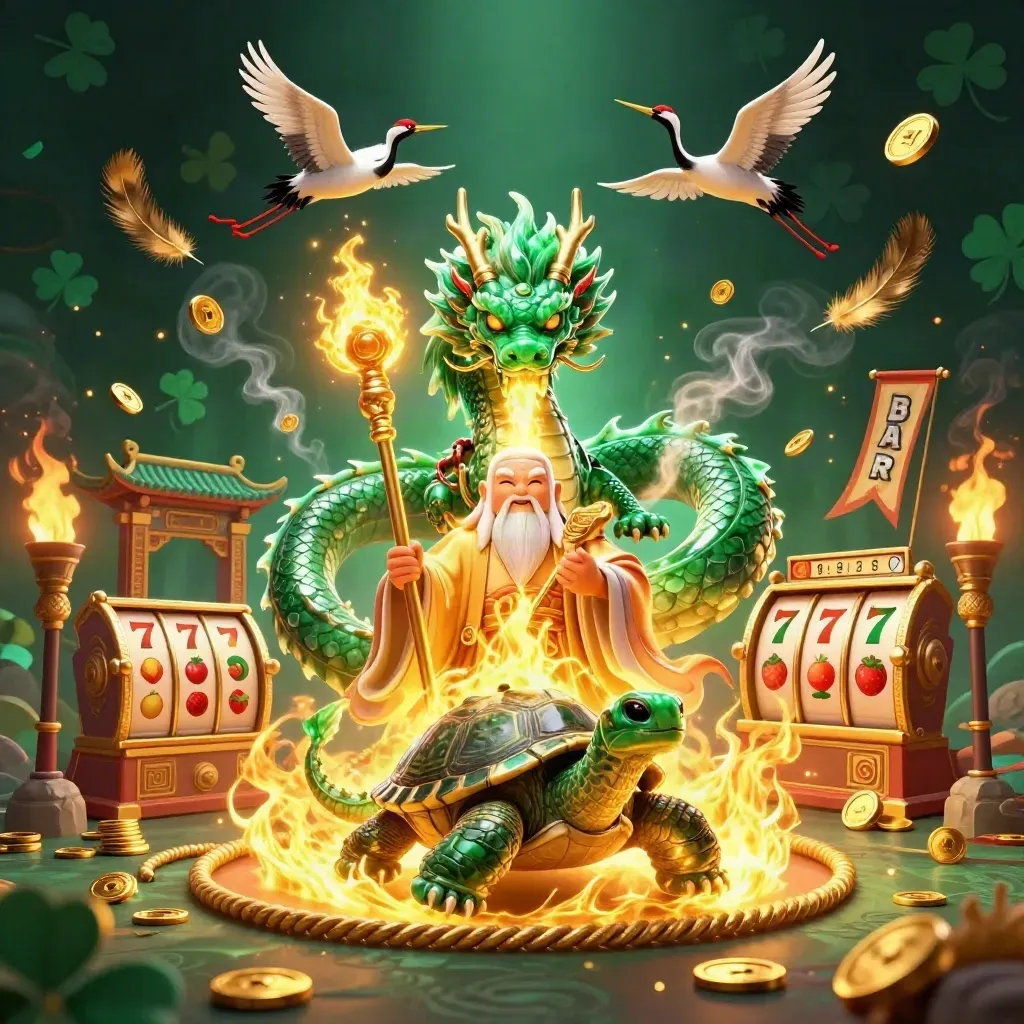 Emerald dragon, turtle sage, and cranes amid casino fire, coins, and glowing slot symbols.