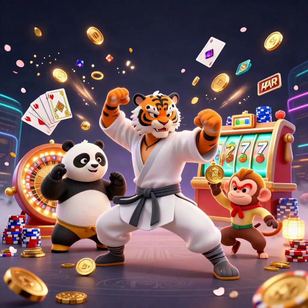 Kung-fu tiger, panda, and monkey amid casino chips, coins, roulette, cards, and neon glow.