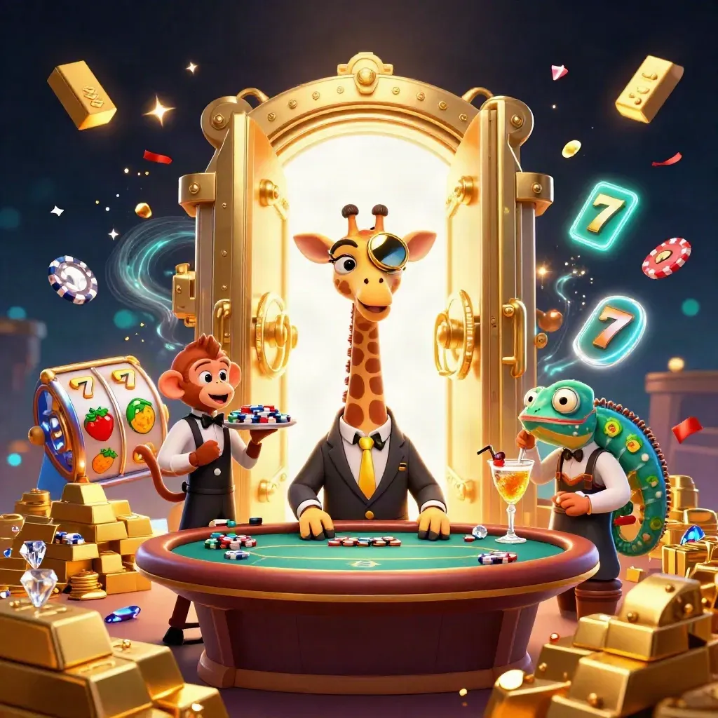 Giraffe, monkey, and chameleon casino heroes burst from a golden vault amid chips, gems, and confetti.