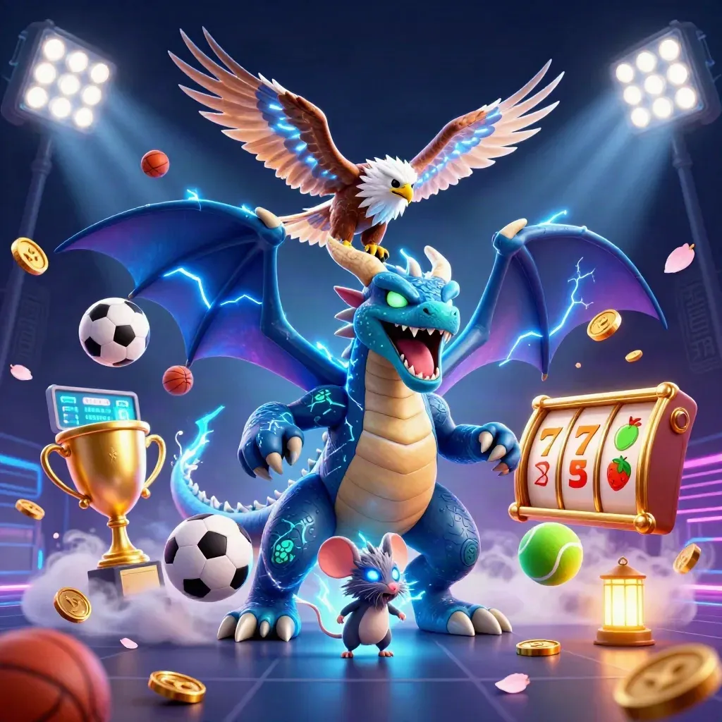 Thunder dragon, glowing hawk, and static mouse amid casino coins, slots, and neon light.