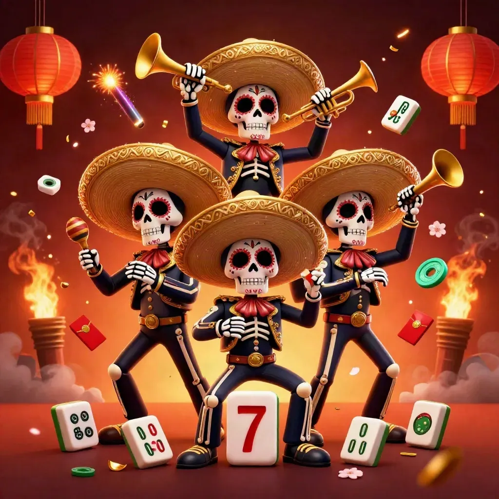 Three festive skeleton mariachi musicians amid casino symbols, glowing in gold and teal.