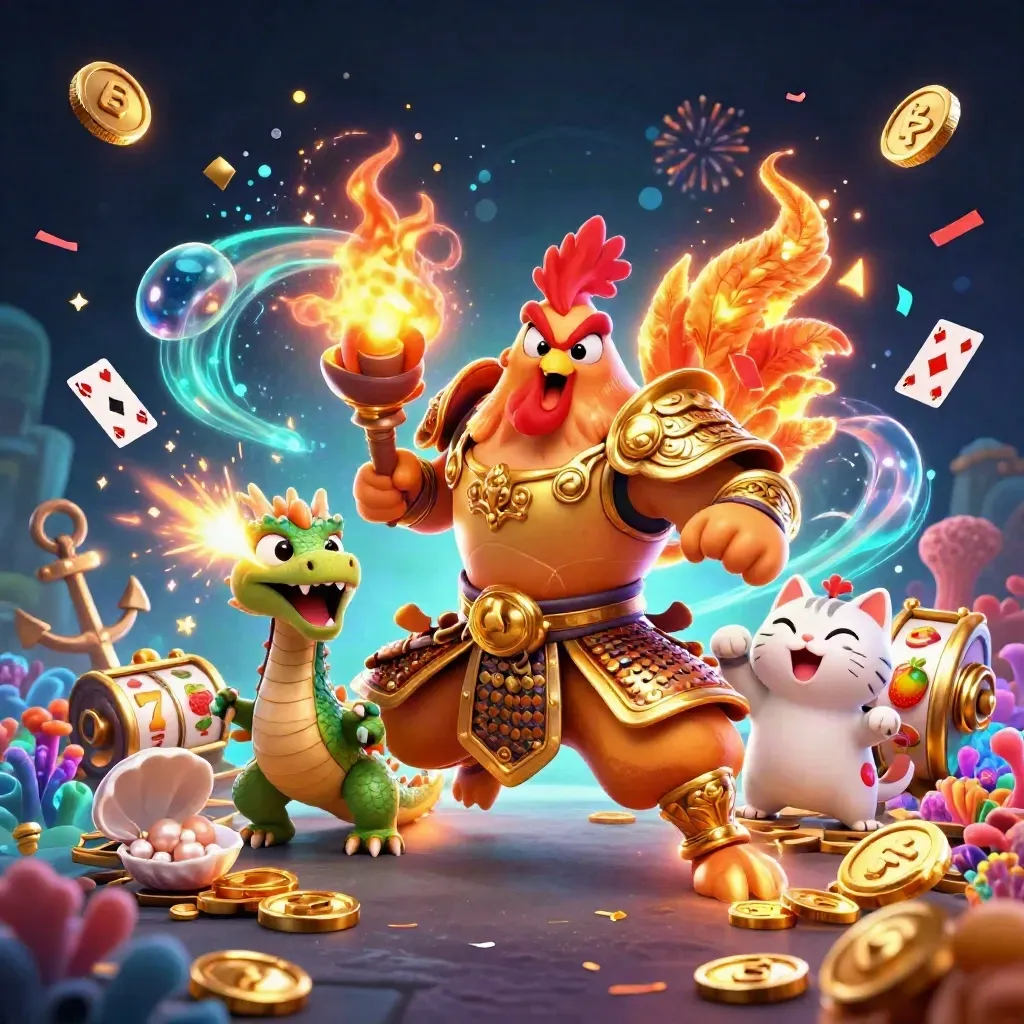 Rooster samurai, spark-breathing dragon hatchling, and lucky cat amid treasure cove casino chaos.