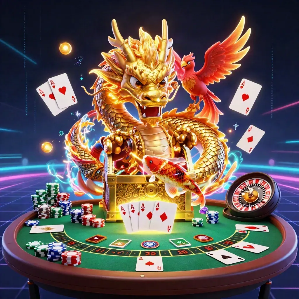 Golden dragon with phoenix, koi and casino props in a neon square key art scene.