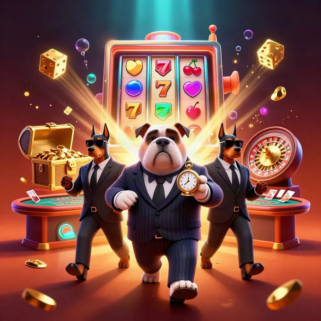 Mafia bulldog and Dobermans amid a glowing slot machine, roulette wheel, and gold coins