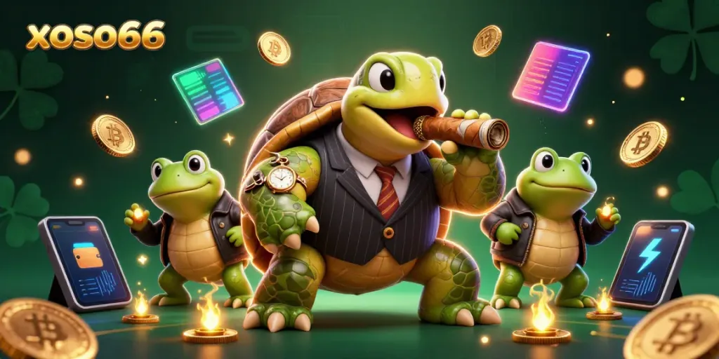 Xoso66's vibrant casino scene with a snapping turtle, bullfrog enforcers, and cryptocurrency elements.
