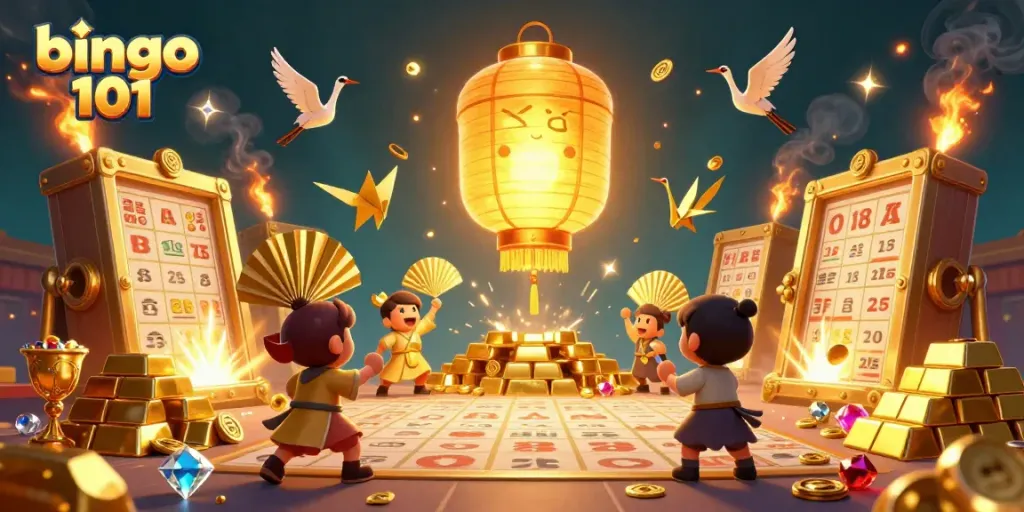 Win big with bingo 101 as a giant lantern spirit guides players through an enchanting casino atmosphere.