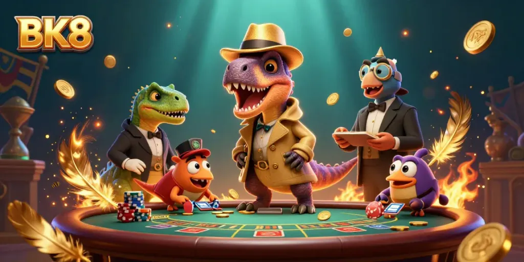 Experience thrilling gaming at BK8 with a velociraptor card counter amidst a bustling casino scene.