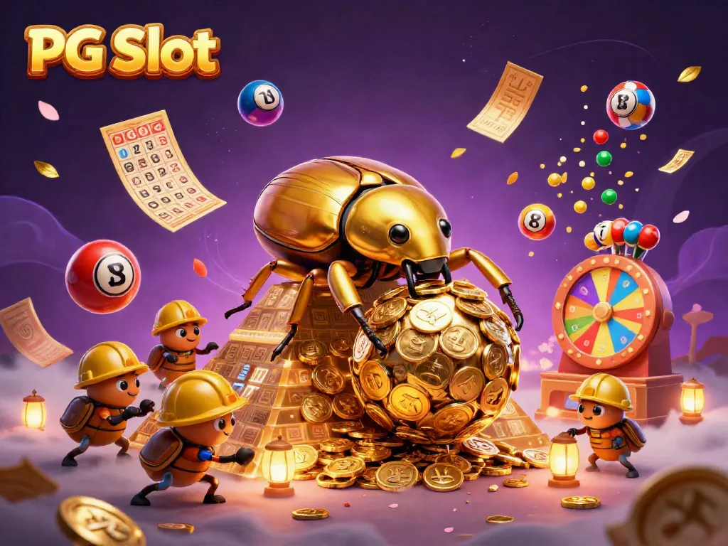 Experience PG Slot excitement with a golden dung beetle amidst a vibrant casino-themed illustration.