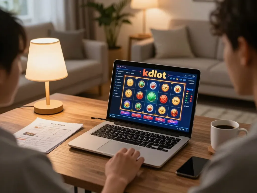 Player enjoying kdslot online gaming experience with cozy home setup focused on strategy.