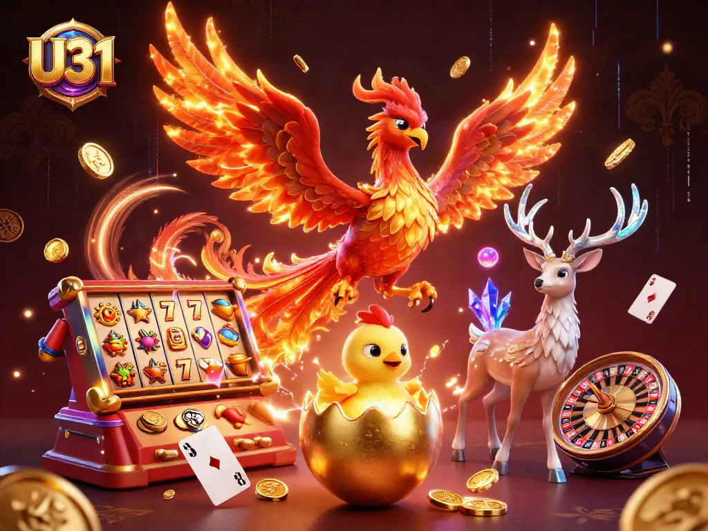 Experience the excitement of U31 with a dynamic 3D illustration featuring a magical phoenix and casino elements.
