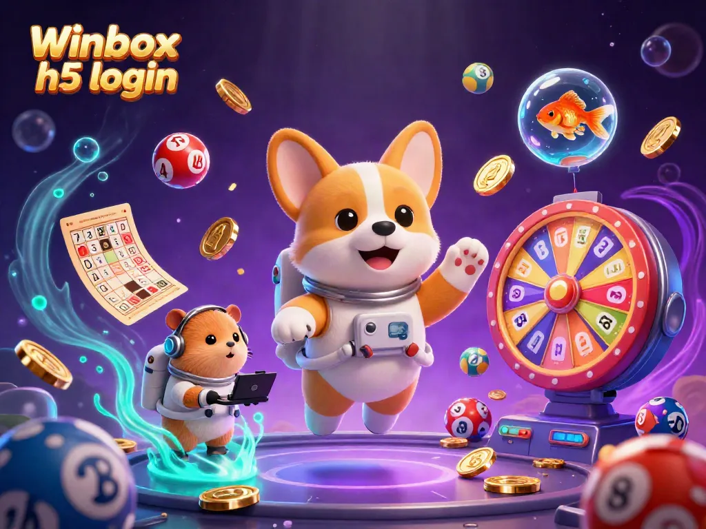 Winbox h5 login scene with an astronaut corgi in a casino filled with lively games and floating characters