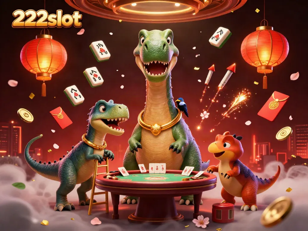 Permainan seru di 222slot dengan dinosaurus kartun dan suasana kasino yang meriah.