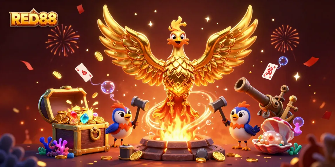 Engage with RED88's vibrant casino world featuring a golden phoenix and dynamic gaming elements.