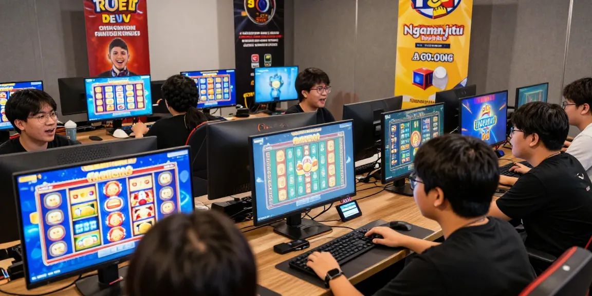 Players engaged in online gaming at ngamenjitu, showcasing excitement and vibrant slot screens.