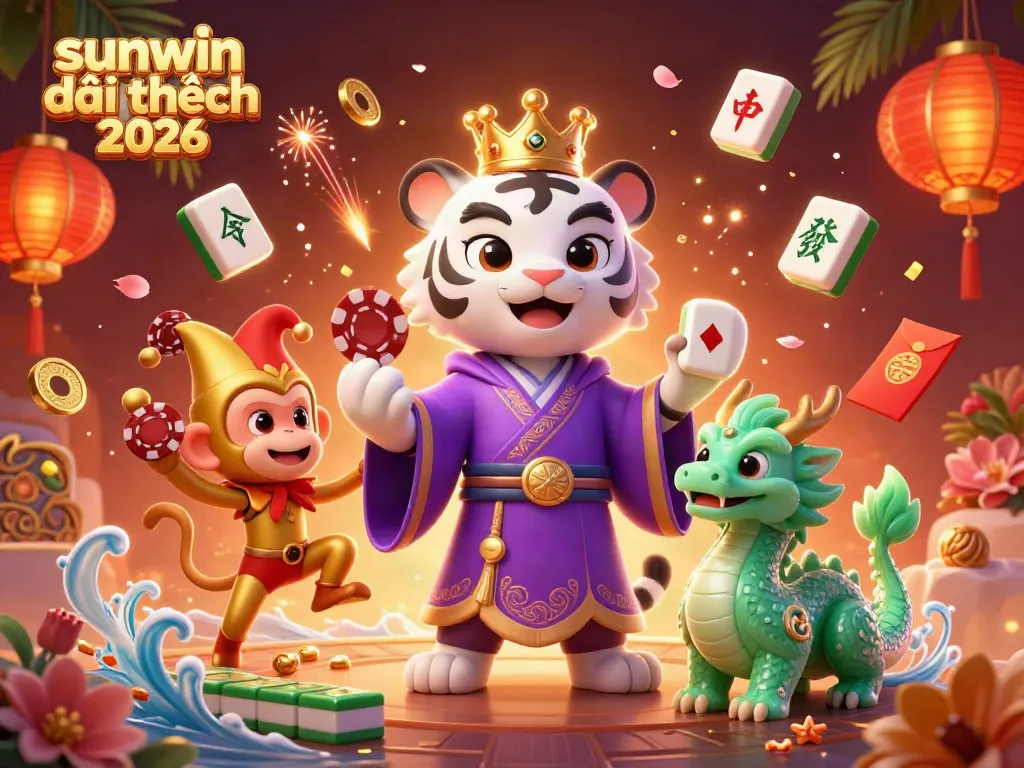 The colorful illustration depicting "sunwin đổi thưởng 2026" features a cartoon tiger and a monkey amid casino-themed elements, promoting a premium gaming experience.
