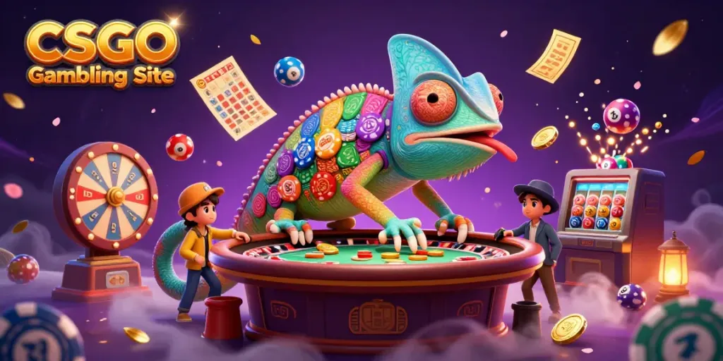 Experience excitement at a CSGO Gambling Site with a chameleon casino owner surrounded by colorful winning elements.