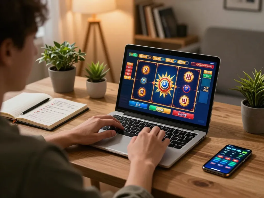 Engaged gamer at https://www.dacsandatphanrang.com/ using a laptop for slot games in a cozy home office.