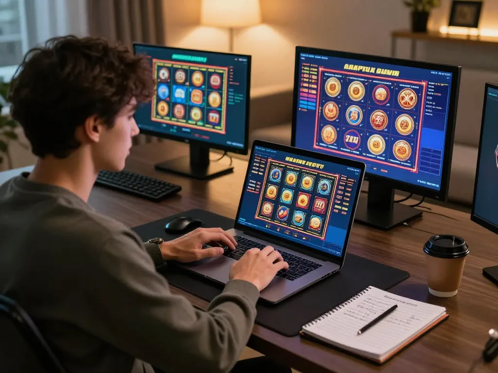 iWin player immerses in online slots gameplay at modern home office