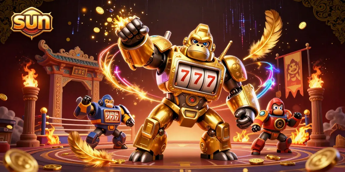 Experience thrilling action with the Sun-themed golden gorilla mech punching through coins in a dynamic casino scene.