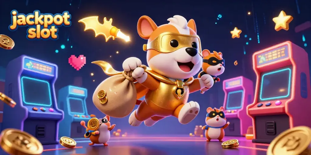 Engaging scene of jackpot slot fun with a superhero dog flying, coins spilling around, and casino elements.