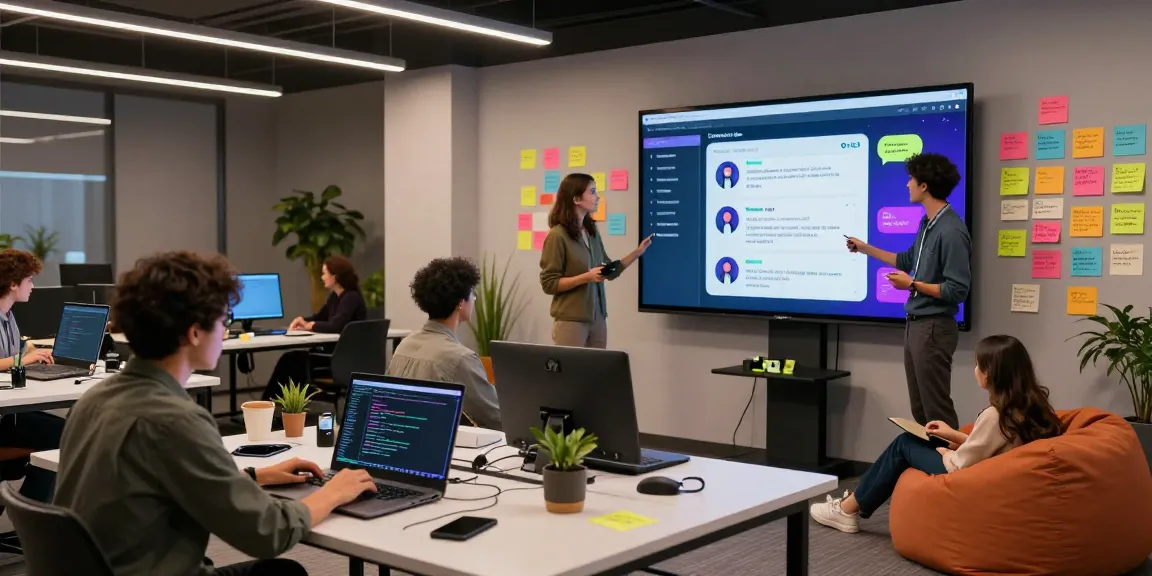 Collaborative tech team developing spicy AI chatbot features in modern studio