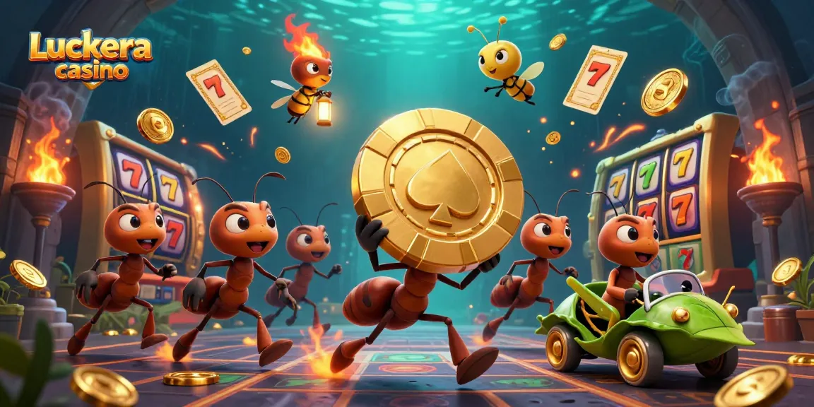 Luckera casino features a lively heist scene with ants and gamblers in action amidst vibrant slots.