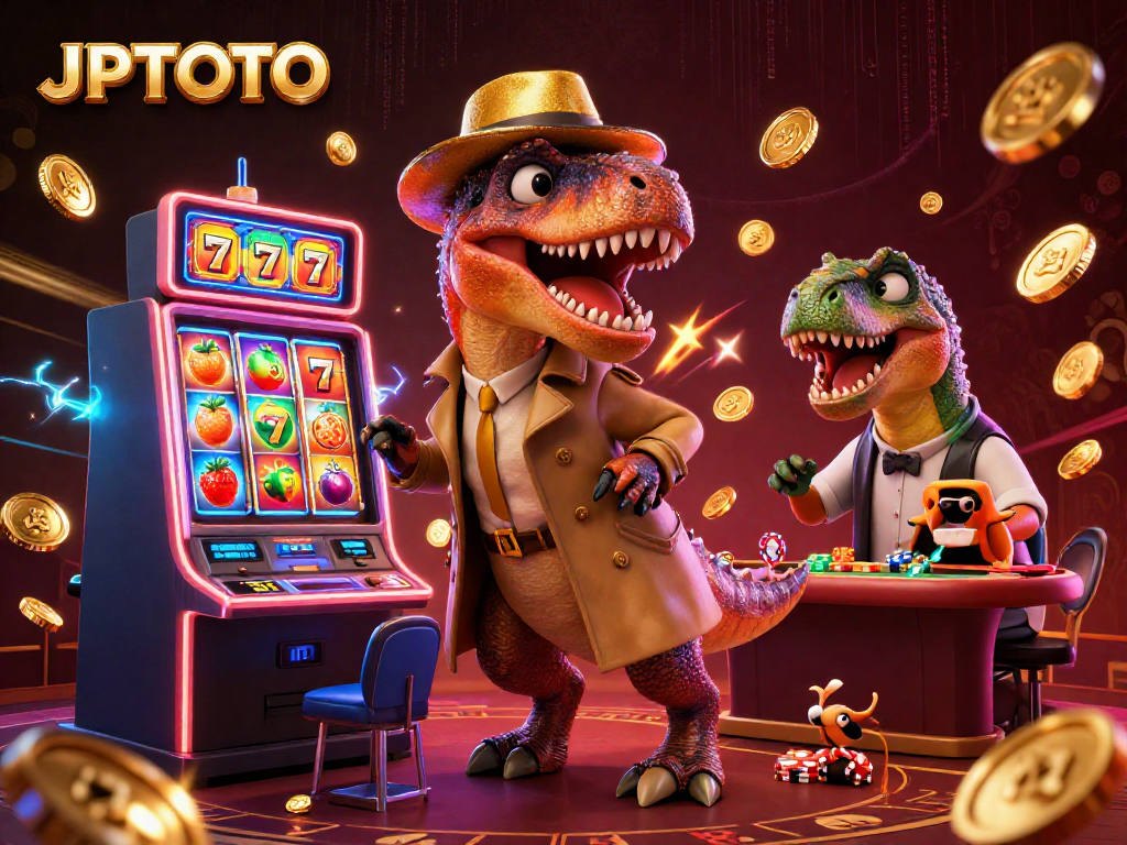 Experience thrilling slots at JPTOTO with a playful velociraptor counter and pit boss in action.