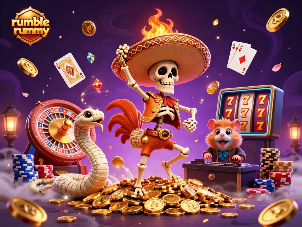 Play Rumble Rummy with vibrant characters and dynamic casino elements in a festive 3D illustration.